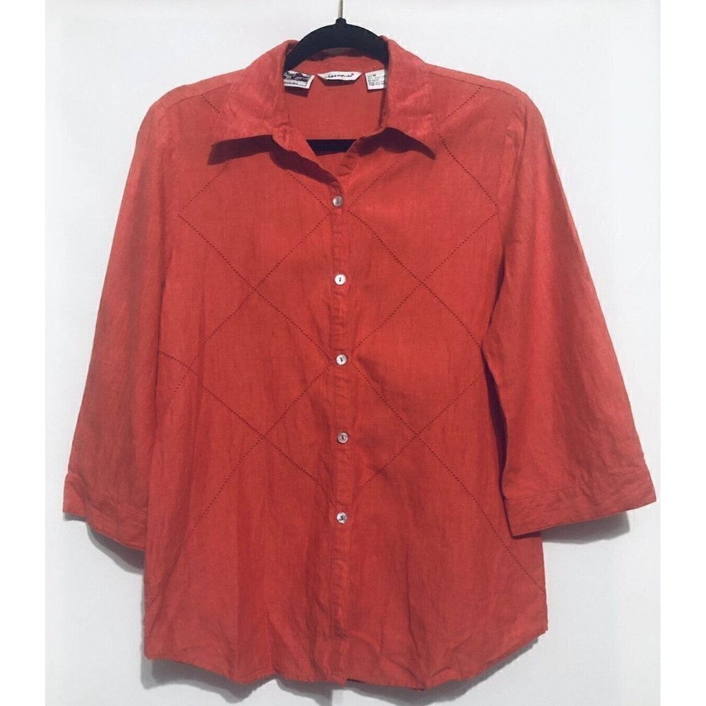 Richard Malcolm Button Top Womens Medium Coral Orange 100% Irish Linen Lagenlook